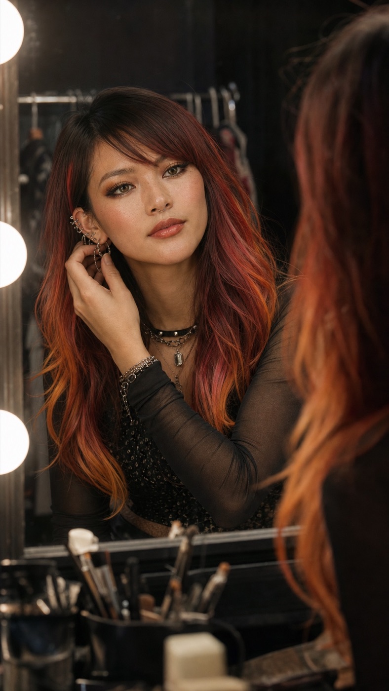 Kana Blaze adjusting an earring in front of a mirror