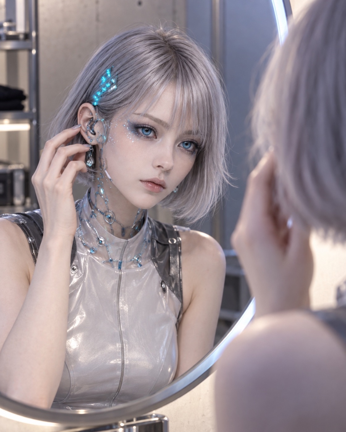 NEO-β looking toward the camera through a mirror
