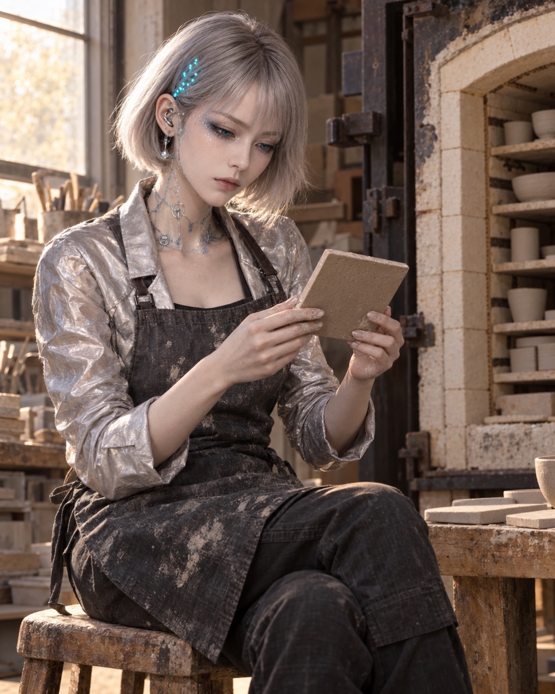 NEO-β studying her work in an atelier