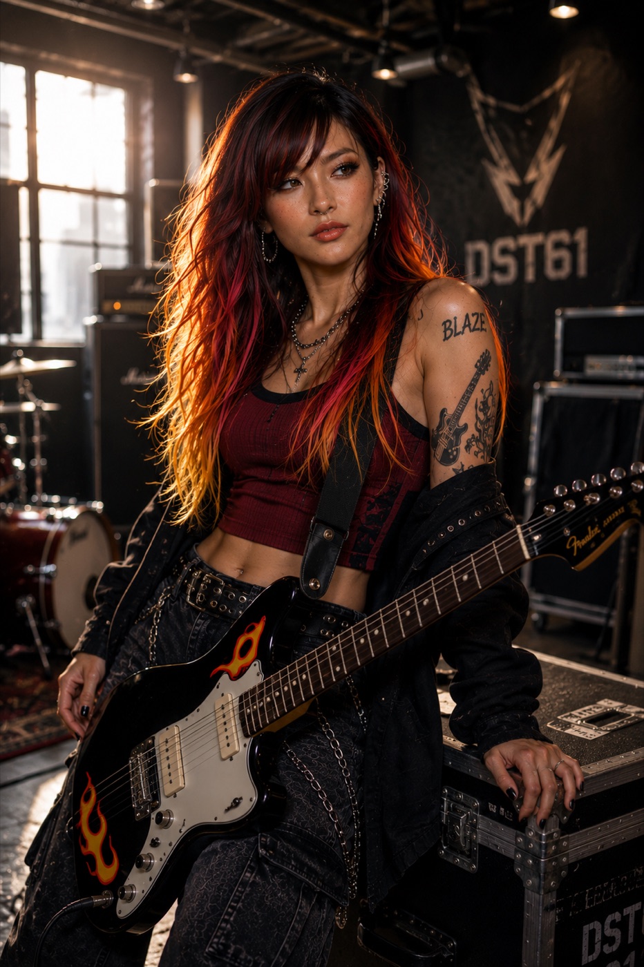 Kana Blaze with her guitar in a stage concept