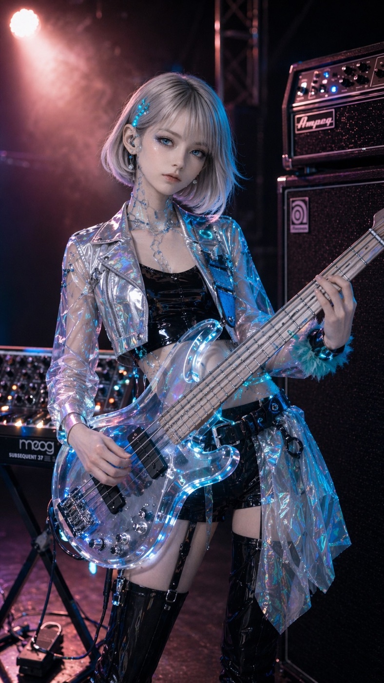 NEO-β with her transparent bass under stage lights