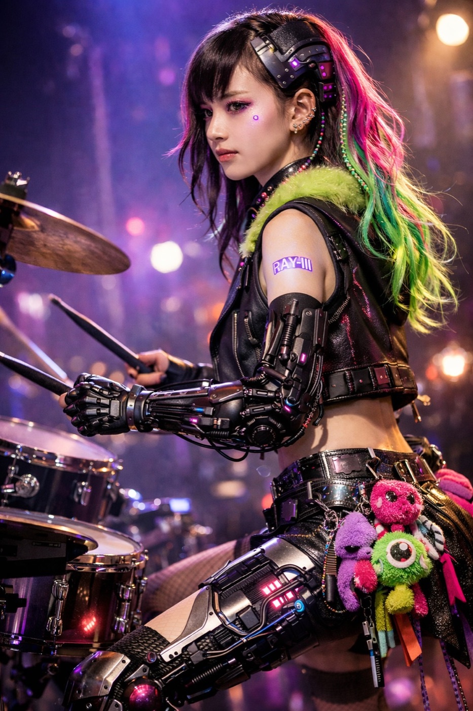 RAY-III at her drum kit in a stage concept